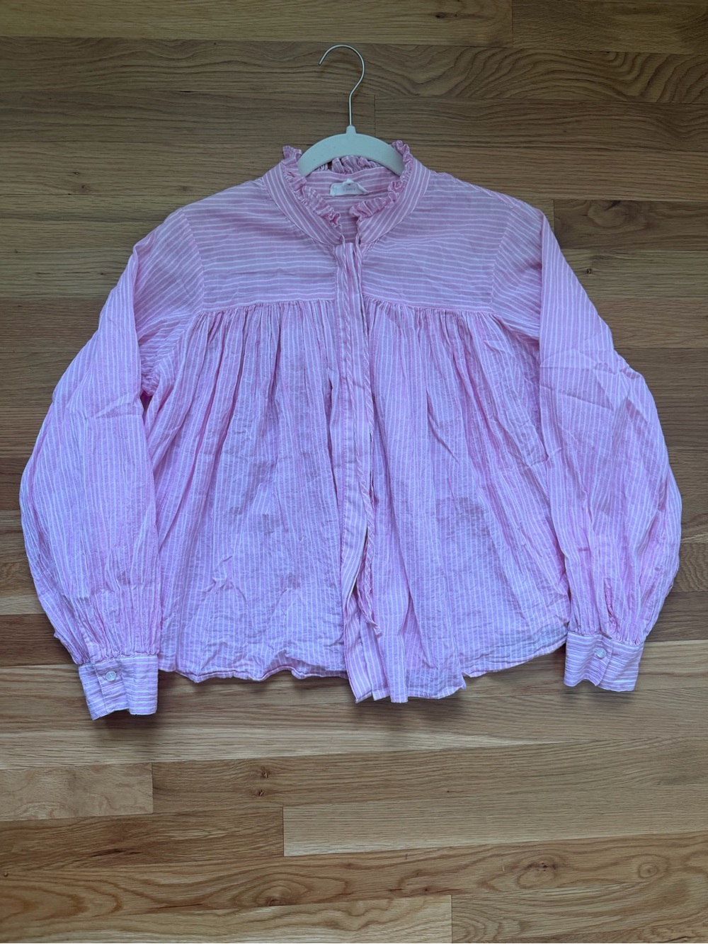 Light Pink Striped Women's Blouse with Ruffle Collar
